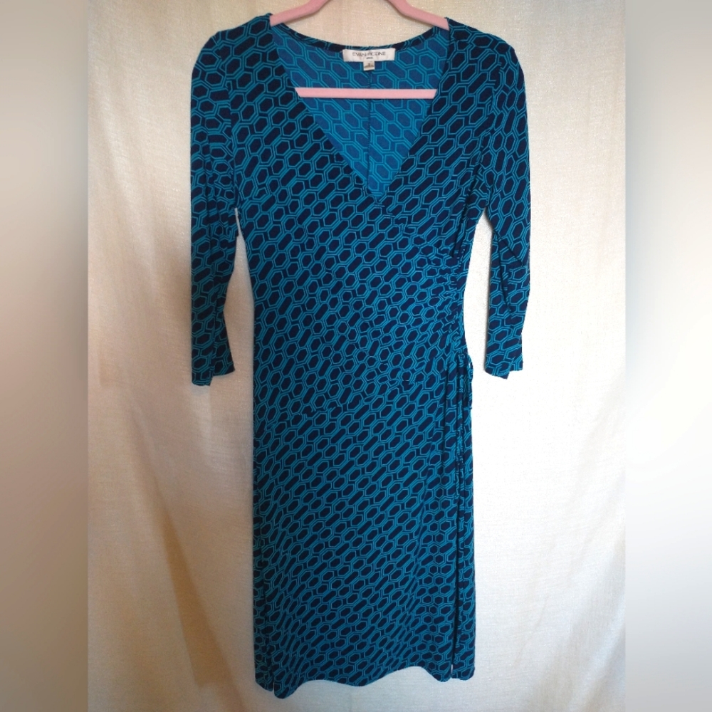 Evan Picone Blue Midi Dress Sleeves To Forearm Left Side Cinched Waist Size 6